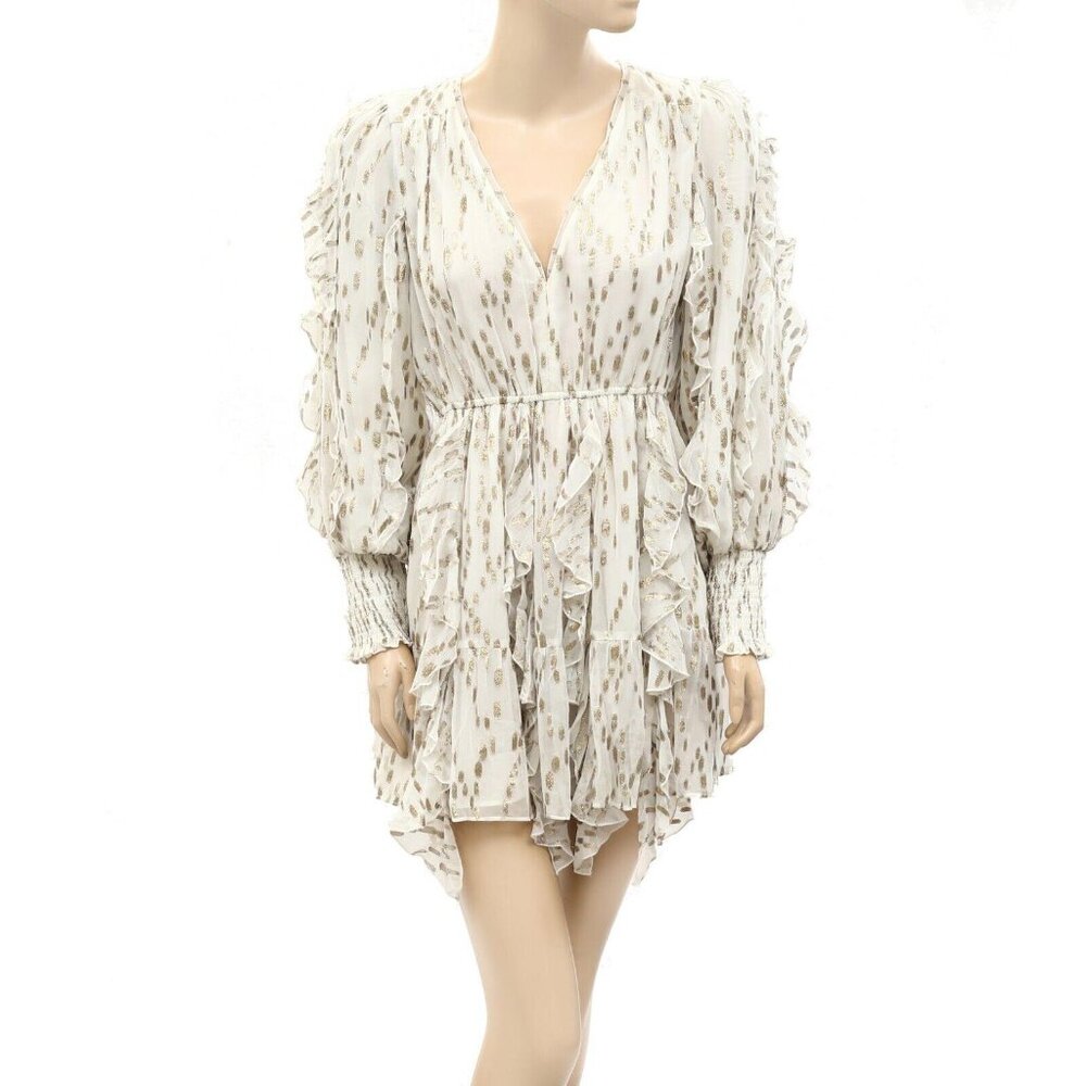 Love The Label Anthropologie Smocked Metallic Shimmer Mini Dress Ruffle S